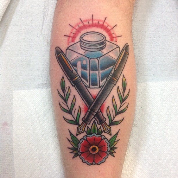 Some crossed MB149s and a bottle of Sheaffer Peacock Blue - an homage to my uncle. Done by Adam Perjatel at South Shore Tattoo, Long Island, NY