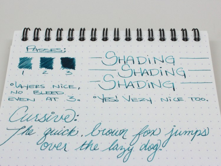 Eau de Nil has great shading, even in the finer Japanese Medium on the Pilot Metropolitan. It's very smooth, and the flow is right in the middle where I like it.