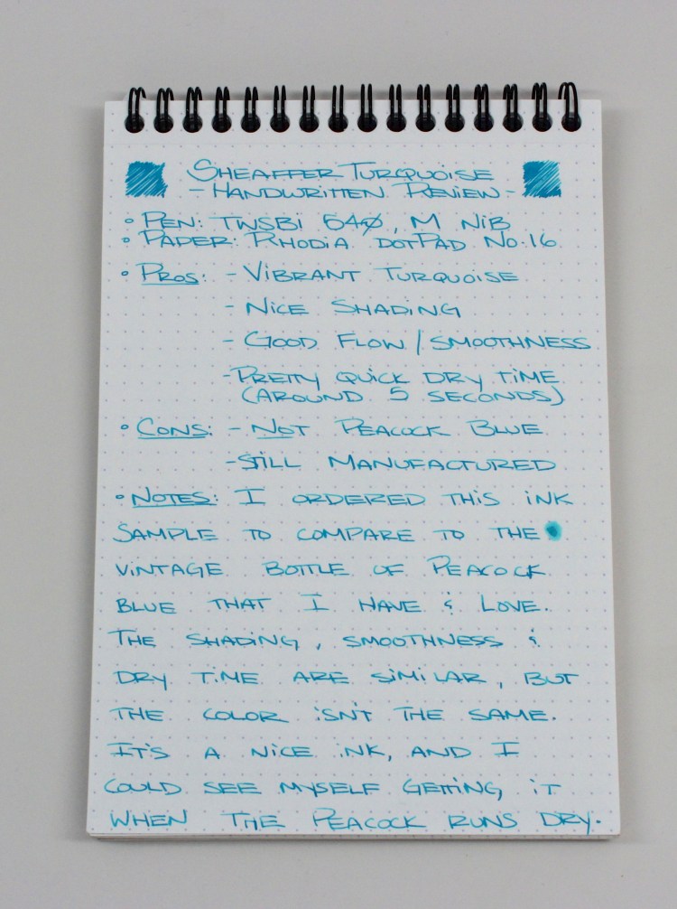Sheaffer Turquoise Handwritten Review 1