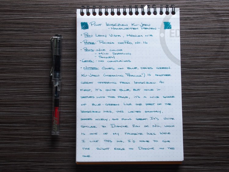 Pilot Iroshizuku ku-jaku Fountain Pen Ink Review 1