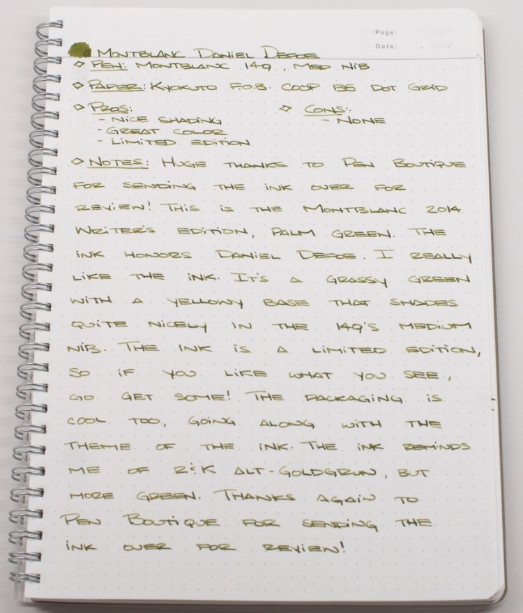 Montblanc Defoe Writers Edition Palm Green Fountain Pen Ink